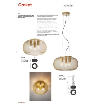 Redo 01-3139 - Taklampa CROKET 3xE27/42W/230V diameter 40 cm guld