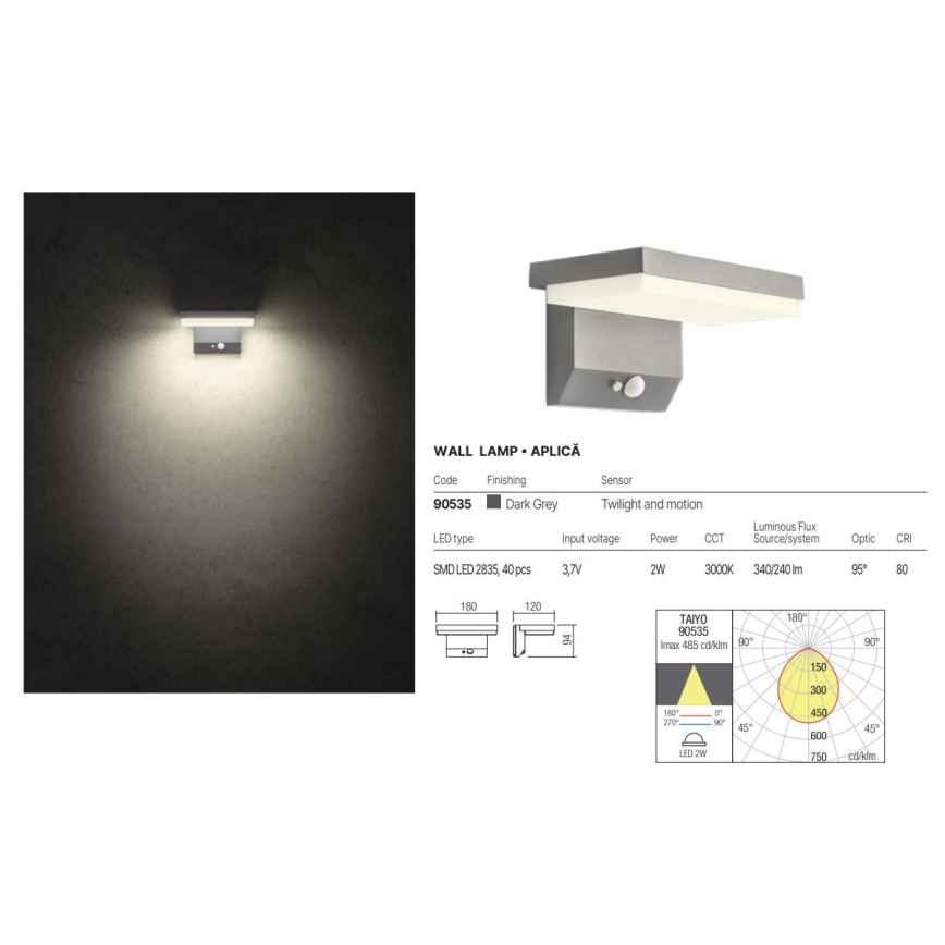 Redo 90535 - LED solcell väggbelysning med sensor TAIYO LED/2W/3,7V 3000K IP54 antracit