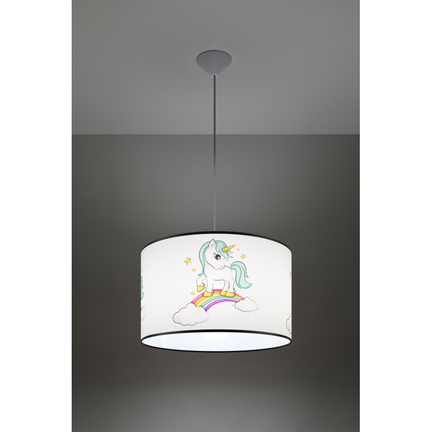 Hängande ljuskrona med textilsladd för barn UNICORN 1xE27/15W/230V diameter 40 cm enhörning