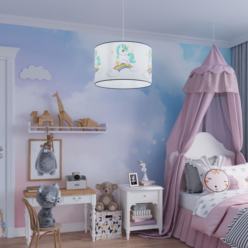 Hängande ljuskrona med textilsladd för barn UNICORN 1xE27/15W/230V diameter 40 cm enhörning