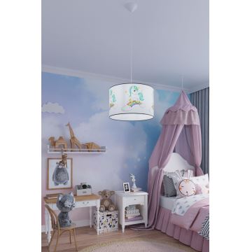 Hängande ljuskrona med textilsladd för barn UNICORN 1xE27/15W/230V diameter 40 cm enhörning