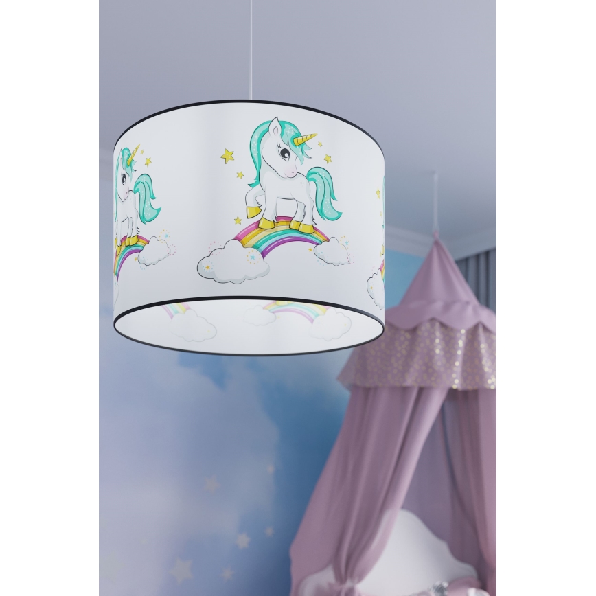 Hängande ljuskrona med textilsladd för barn UNICORN 1xE27/15W/230V diameter 40 cm enhörning