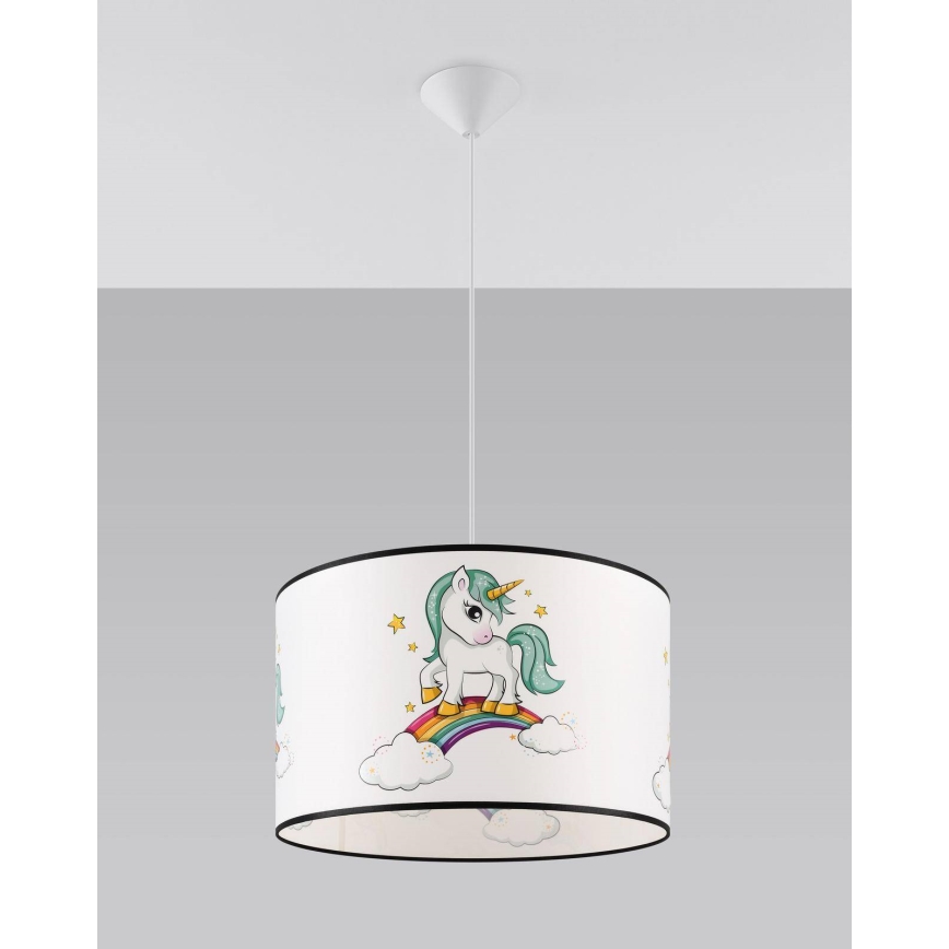 Hängande ljuskrona med textilsladd för barn UNICORN 1xE27/15W/230V diameter 40 cm enhörning