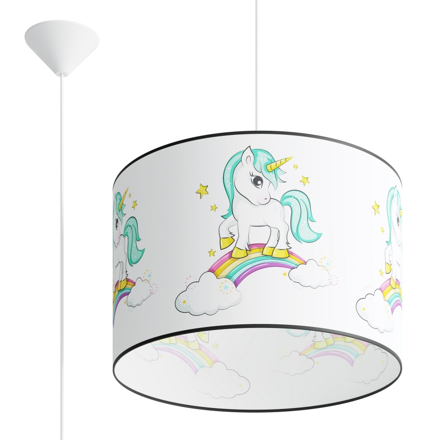 Hängande ljuskrona med textilsladd för barn UNICORN 1xE27/15W/230V diameter 40 cm enhörning