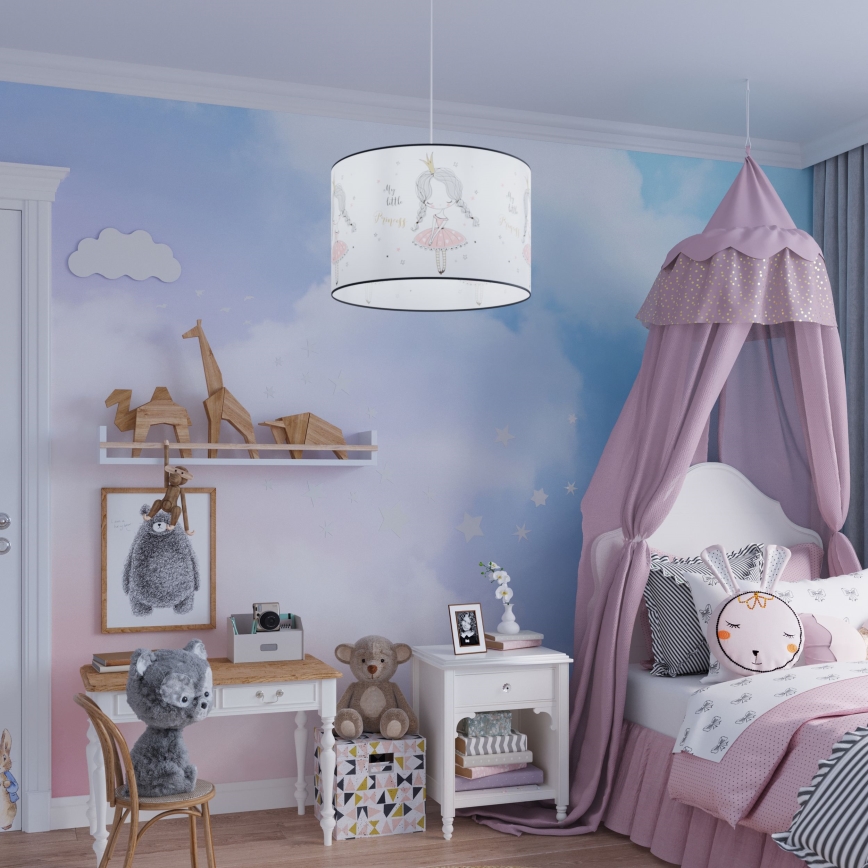 Hängande ljuskrona med textilsladd för barn PRINCESS 1xE27/15W/230V diameter 40 cm prinsessa