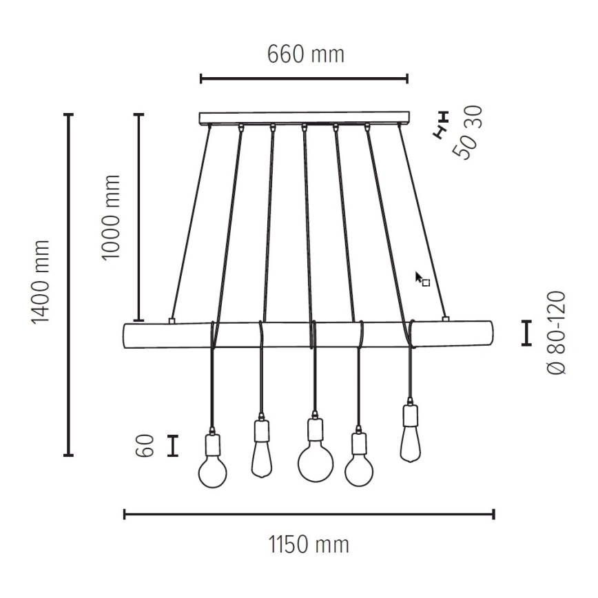 Ljuskrona med snöre TRABO 5xE27/60W/230V - FSC-certifierad