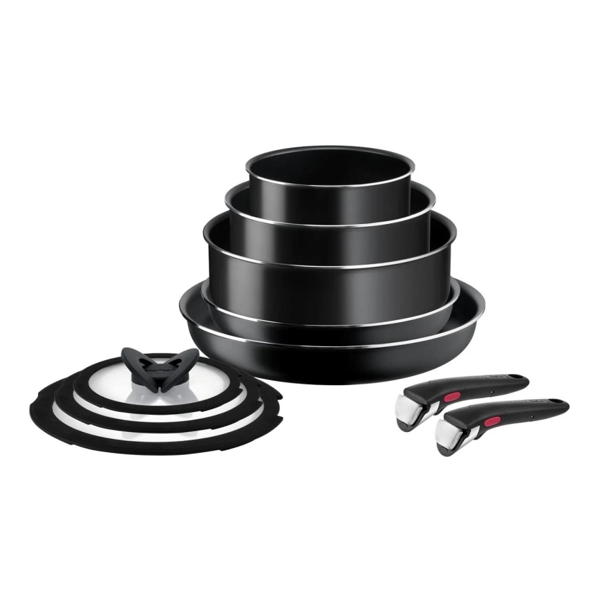 Tefal - Sätt med matlagningsutrustning 10 delar INGENIO EASY COOK & CLEAN BLACK