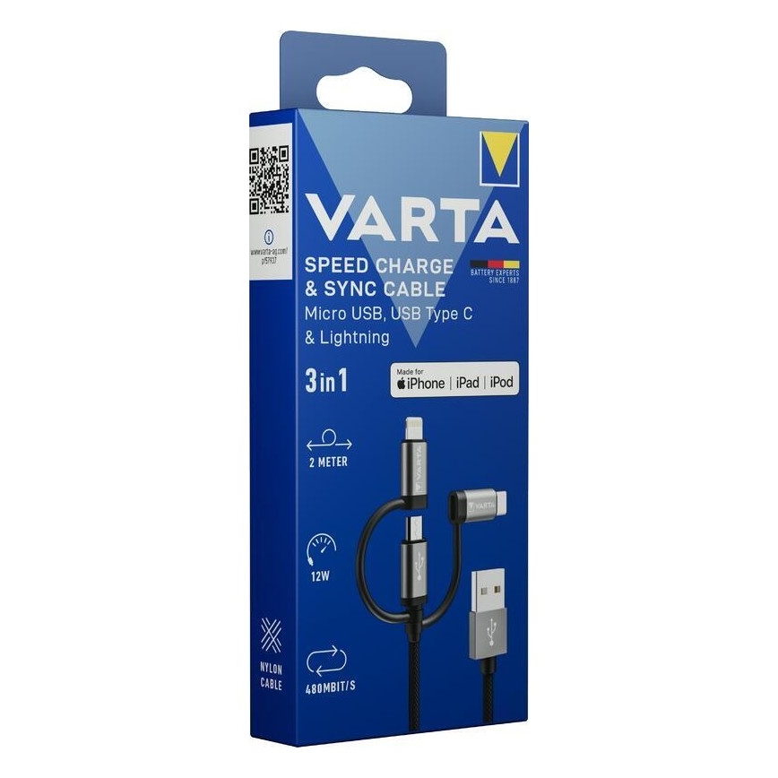 Varta 57937101111 - USB-kabel 03.01.2001 med connector Lightning och Micro USB 2m